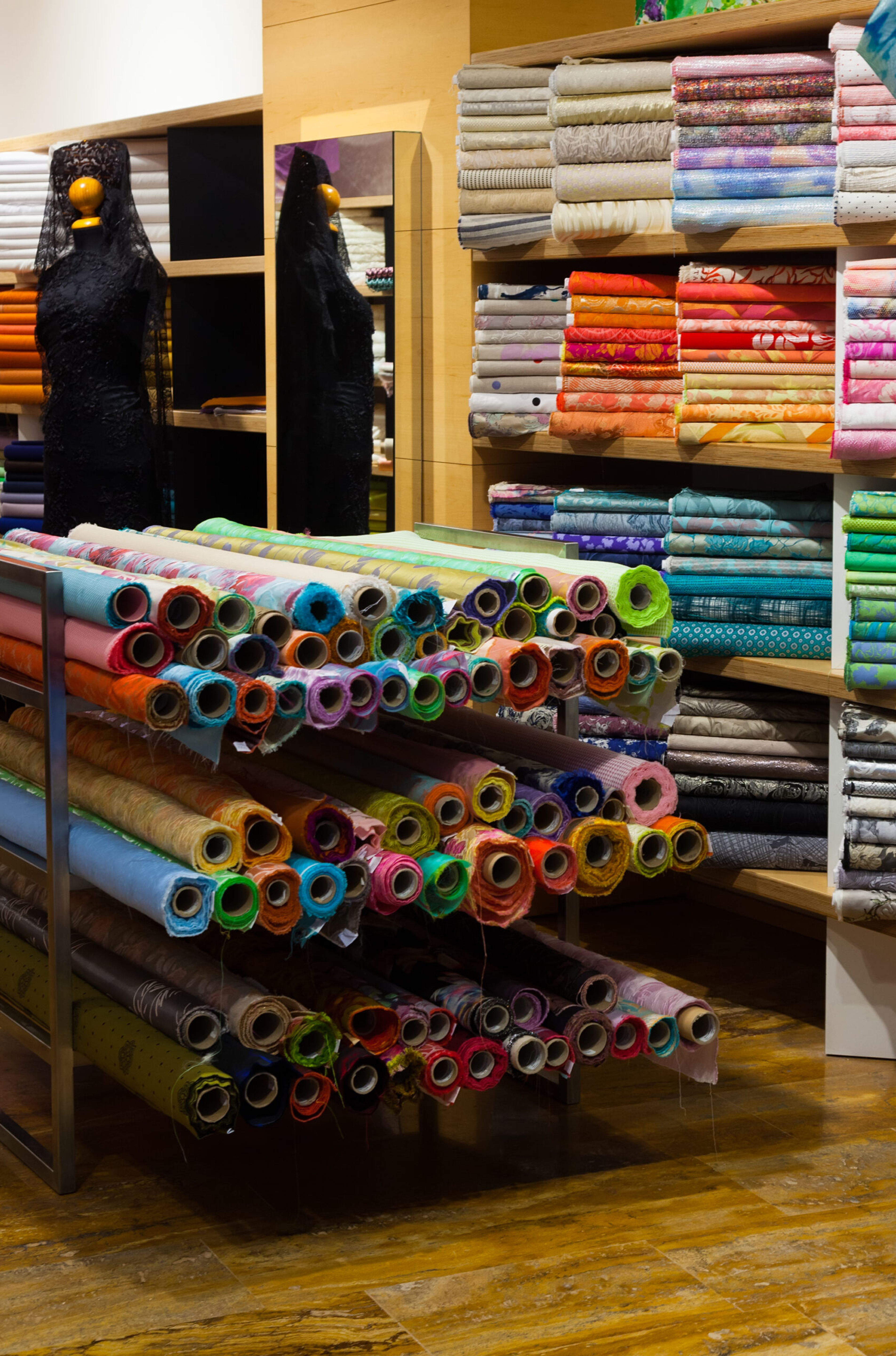 Interior of tissue shop with fabrics